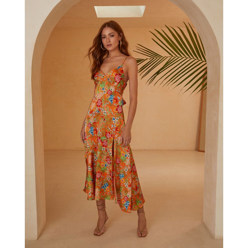 Valora Satin Slip Midi Dress Orange XS