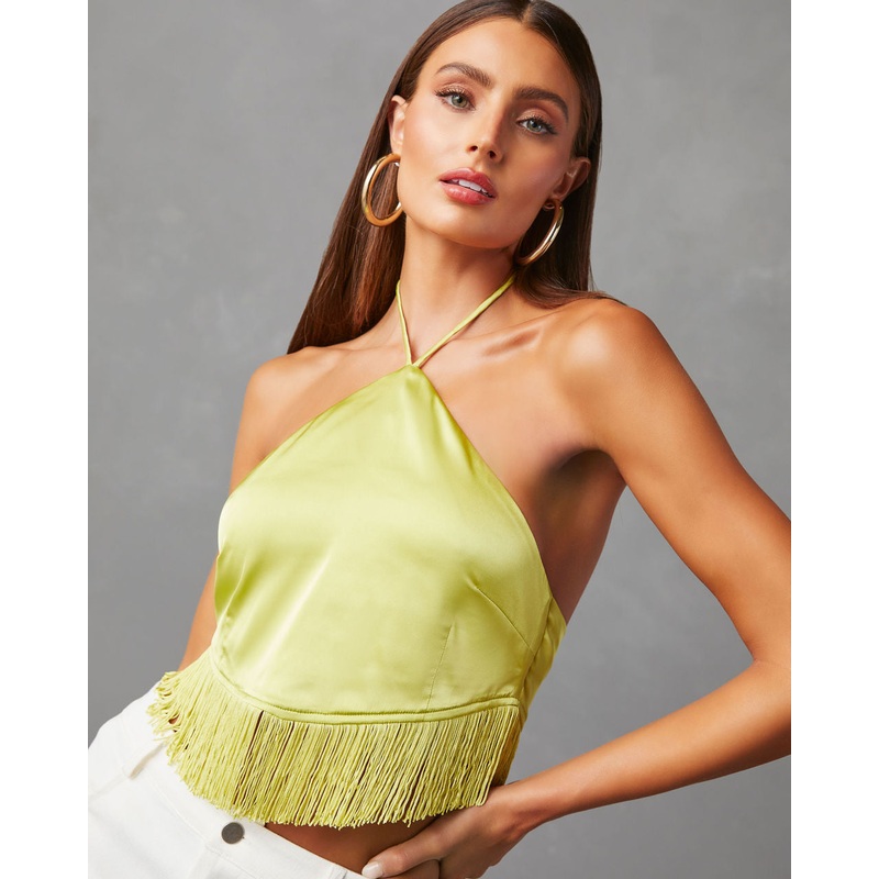 Viva La Vida Satin Fringe Hem Halter Top Lime XS