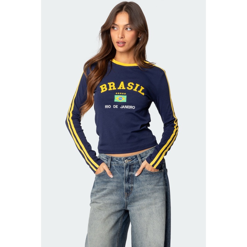 Brasil Embroidered Long Sleeve T Shirt NAVY XS