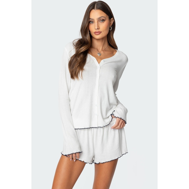 Chelsey Button Up Pointelle Top WHITE XS