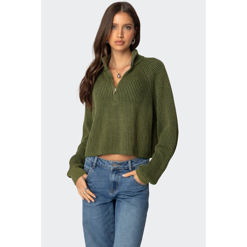 Cropped Rib Knit Half Zip Sweater OLIVE XS