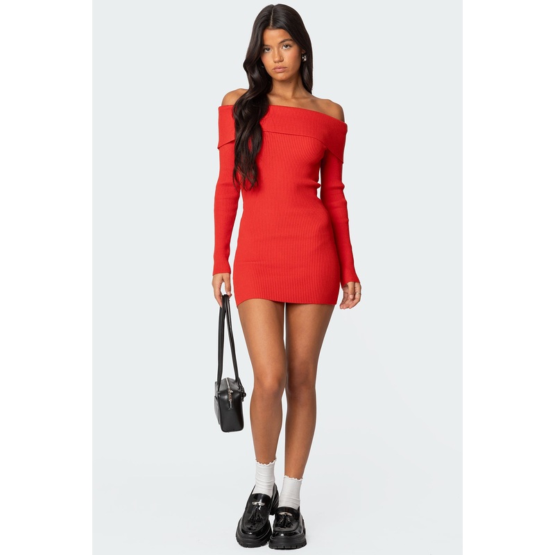 Evi Fold Over Knit Mini Dress RED XS
