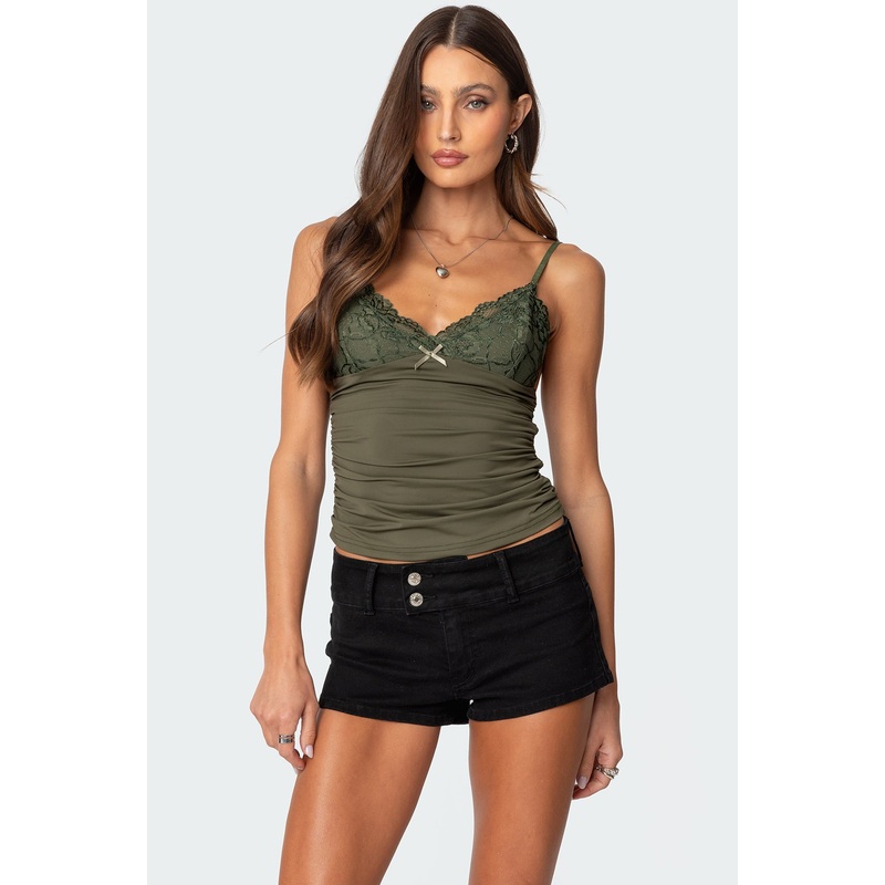 Kathryn Gathered Lacey Tank Top OLIVE XS