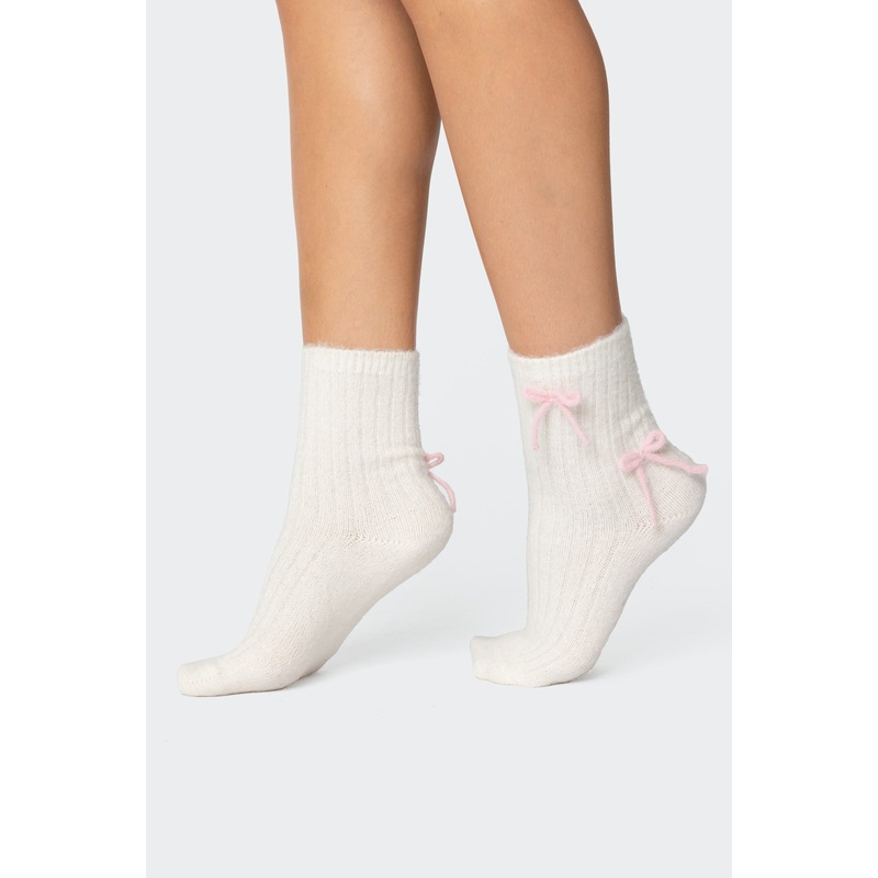 Knit Bow Fuzzy Socks WHITE AND PINK OS