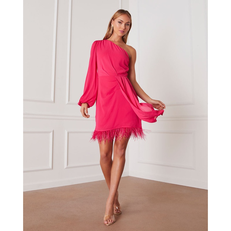 Las Vegas One Shoulder Fringe Trim Mini Dress Pink XS