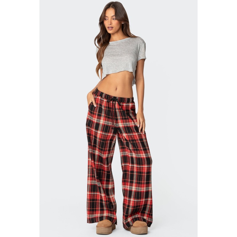 Lounge Around Plaid Wide Leg Pants RED XS