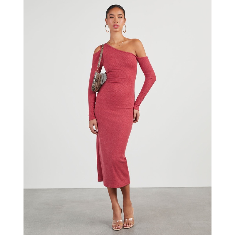 Regina Cutout One Shoulder Knit Midi Dress Red XS