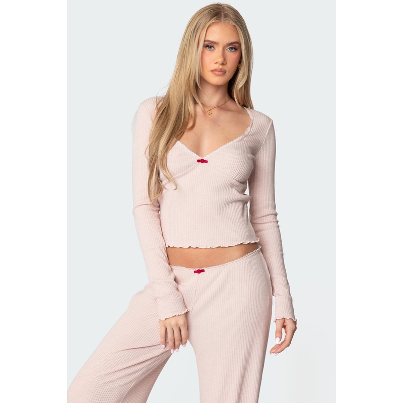 Roselle Ribbed V Neck Top LIGHT PINK XS