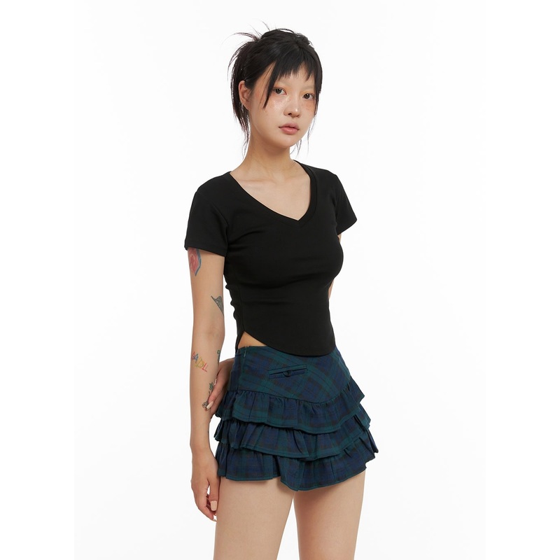 V-Neck Shirred Crop Tee CL415 Black S/M