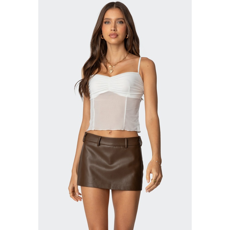 Viv Ruched Sheer Mesh Top WHITE XS
