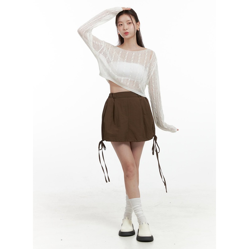 Banded Pintuck Mini Skirt OL417 Brown S/M