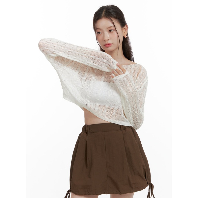 Cable Knit Sheer Crop Sweater OL417 White S/M