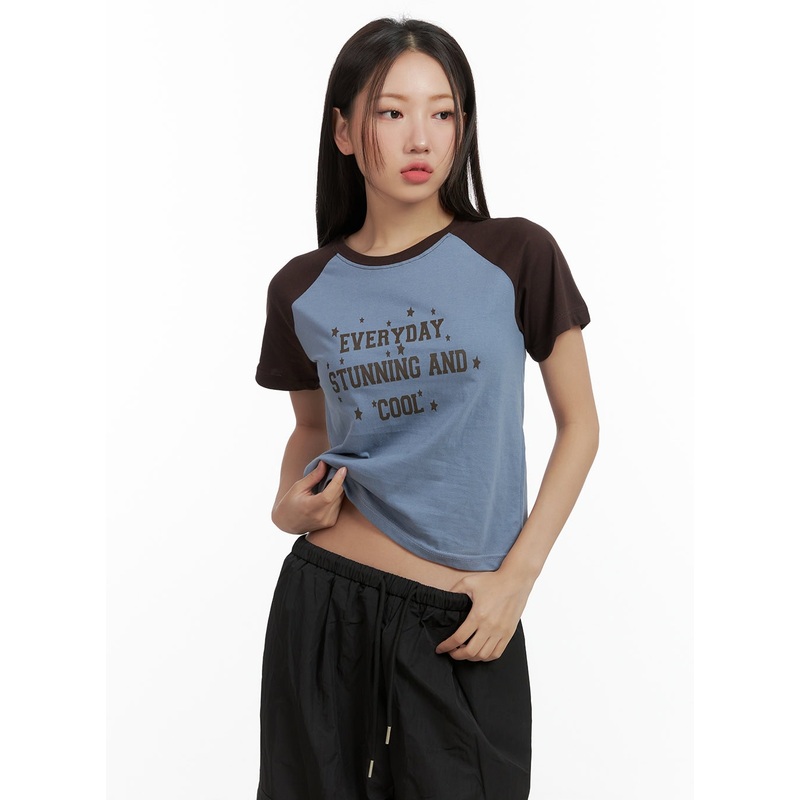 Cotton Lettering Raglan Crop Top CL418 Blue S/M