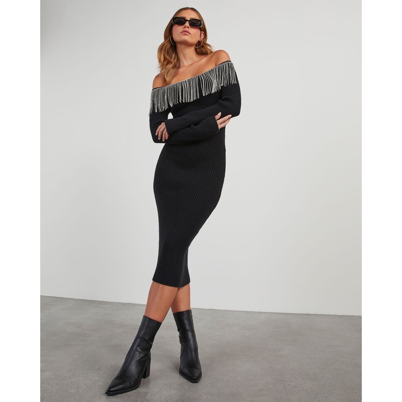Dante Off The Shoulder Rhinestone Fringe Midi Dress Black XS