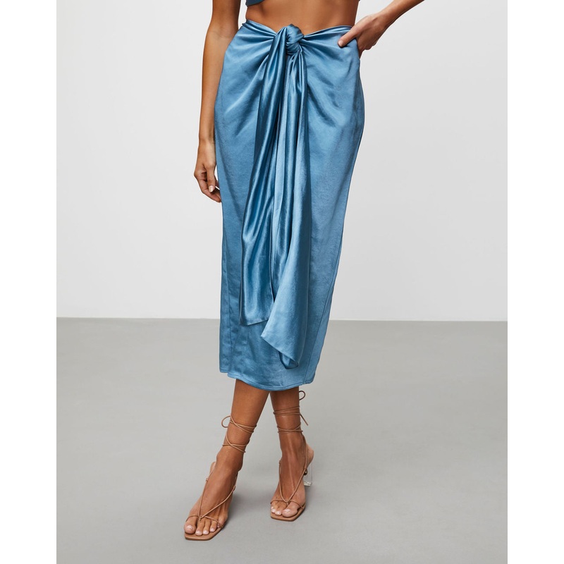 Elenora Satin Front Wrap Midi Skirt Blue S