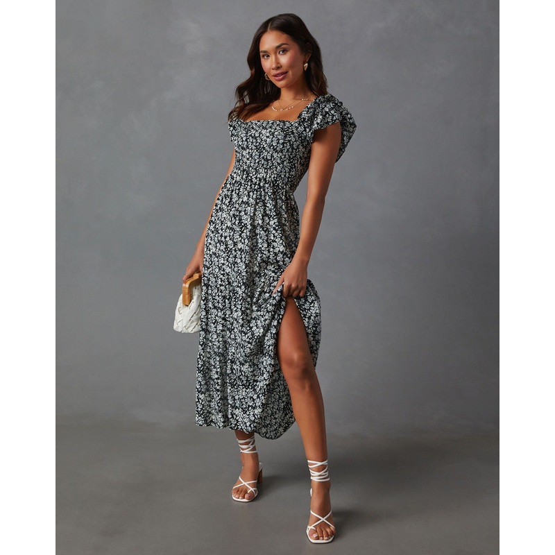 Fables Tiered Smocked Maxi Dress Black/Grey XS