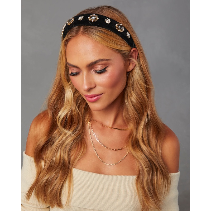 Louetta Padded Rhinestone & Pearl Headband Black O/S