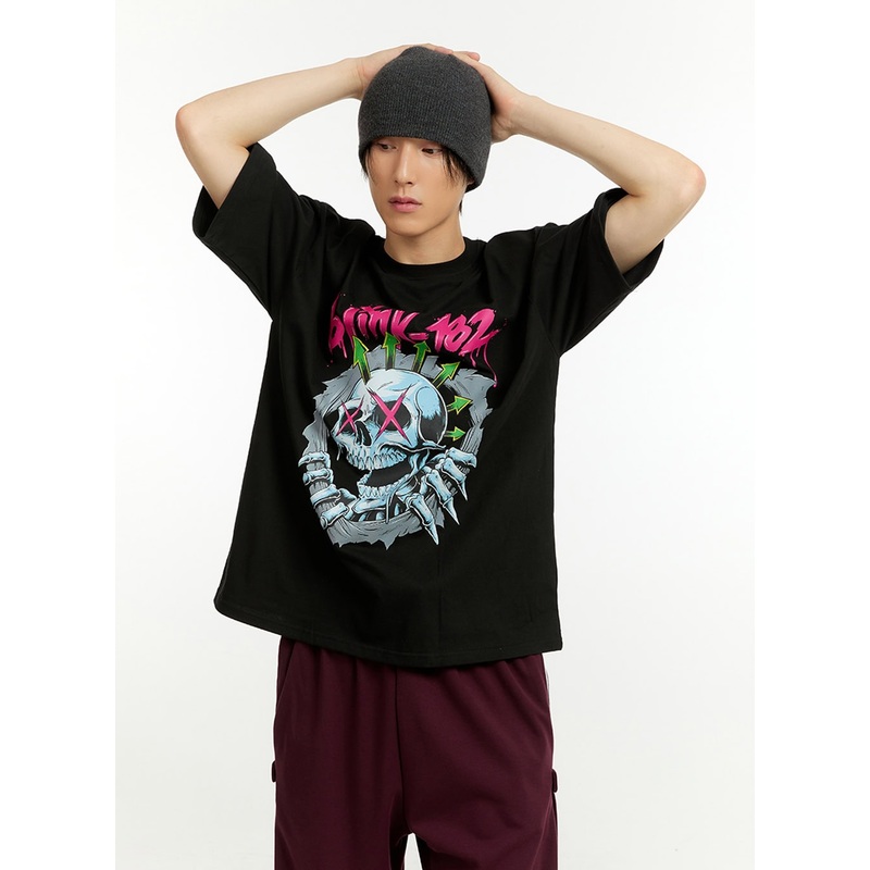 Men’s Cotton Lettering T-Shirt IL418 Black M/L