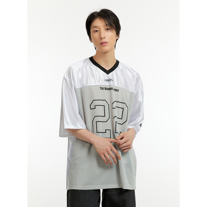 Men’s Mesh Lettering V-Neck T-Shirt IL418 Gray M/L