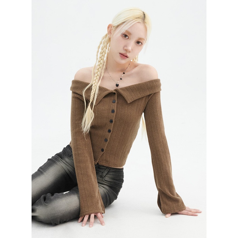Off Shoulder Knit Top IN327 Brown S/M