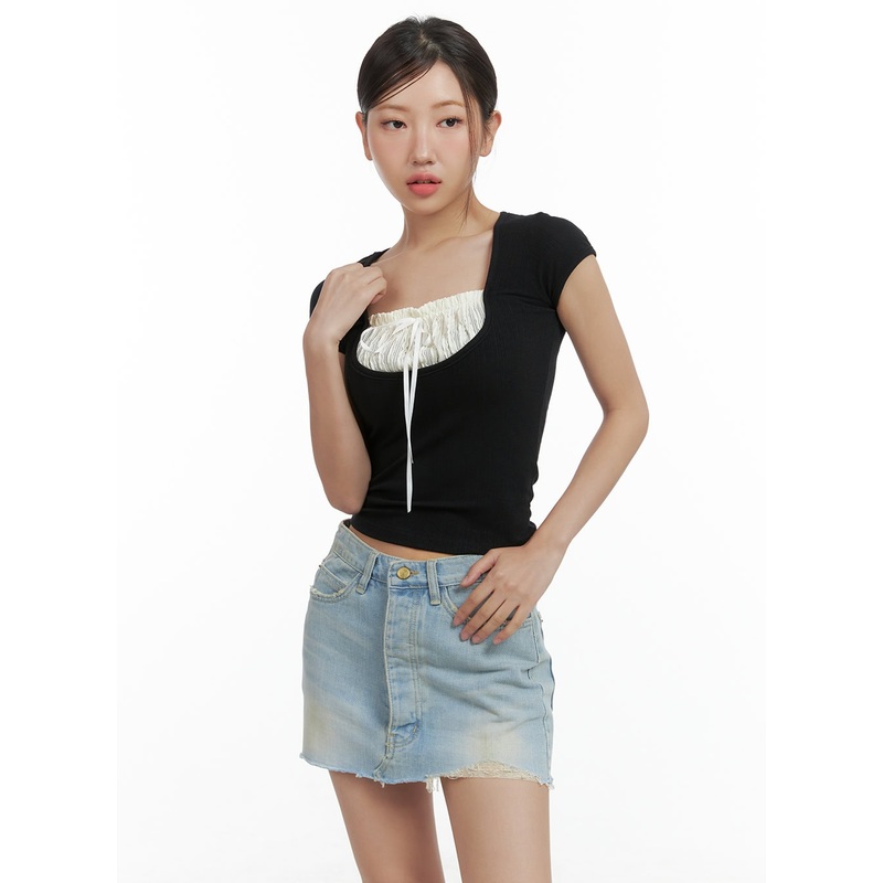 Ribbon Shirred Crop Top CL417 Black S/M