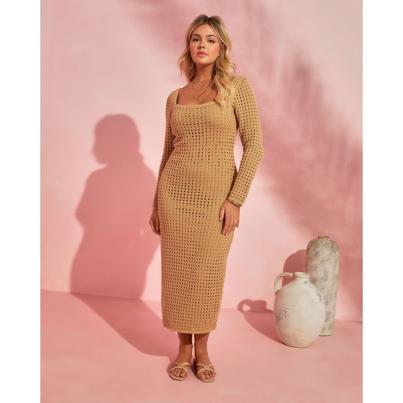 Seychelles Cotton Blend Crochet Knit Midi Dress Tan XS