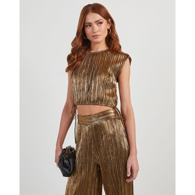 Sinclair Metallic Plisse Crop Blouse Gold XS