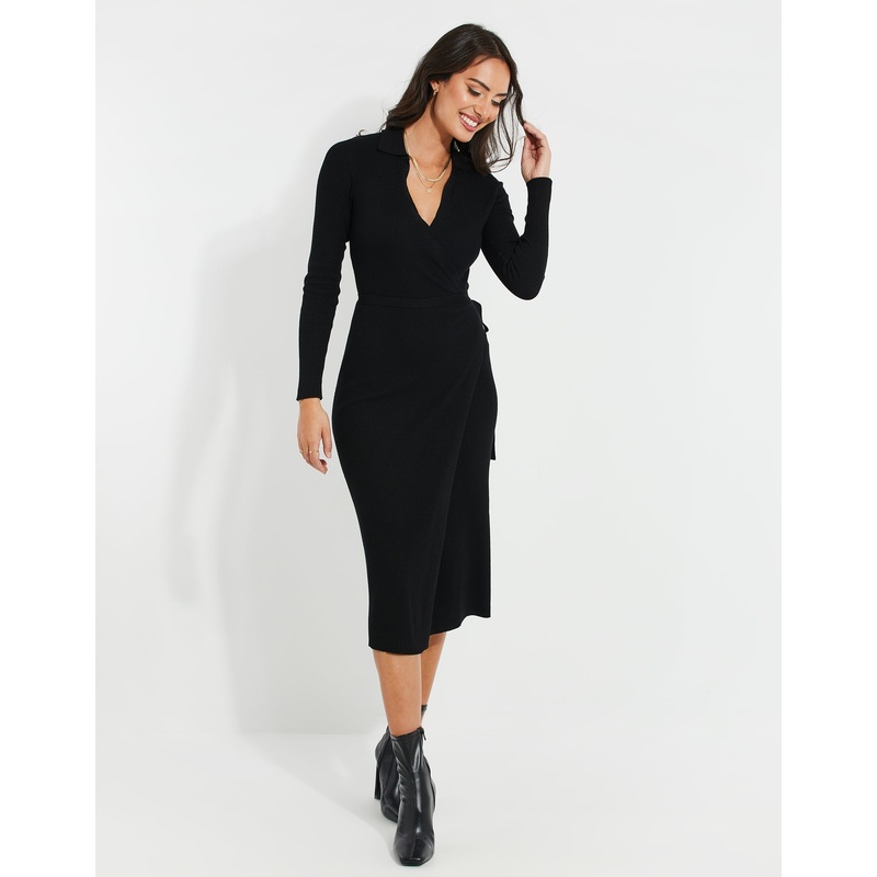 Black Ribbed Wrap Tie Dress Black 8