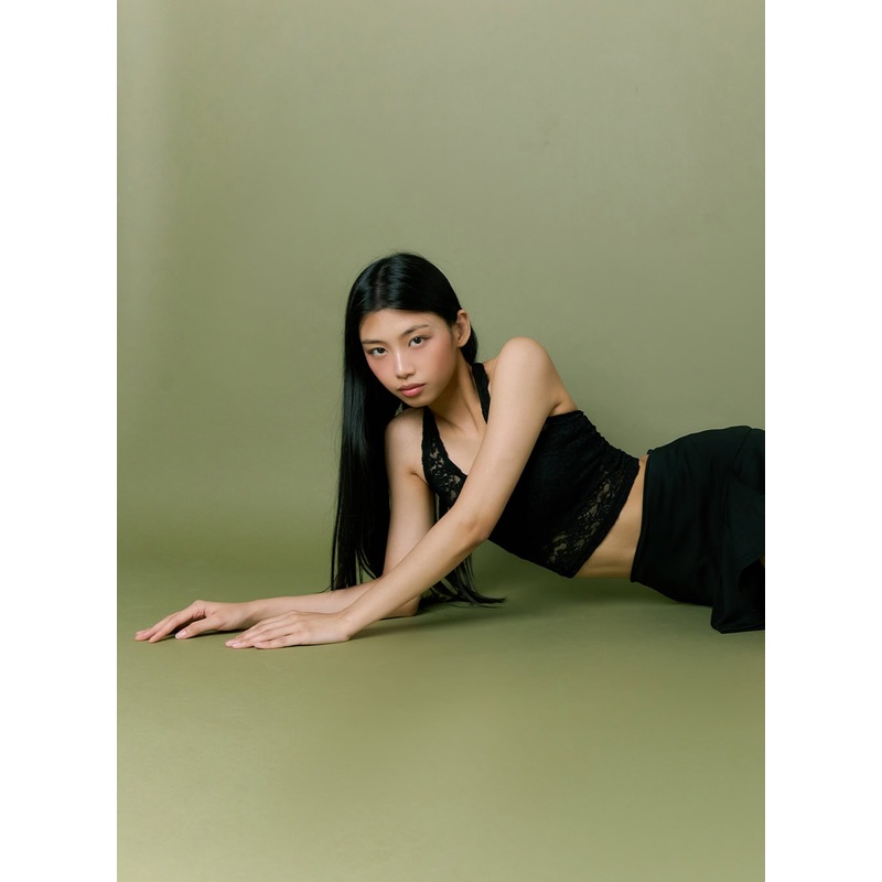 Lace Halter Crop Sleeveless Top IL419 Black S/M