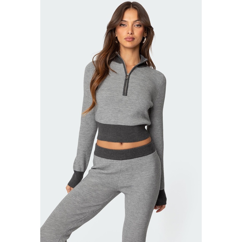 Lei Contrast Half Zip Knit Top GRAY XS