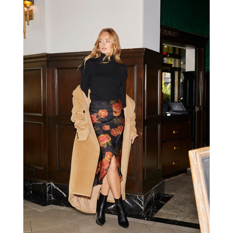 Mona Satin Floral Midi Skirt Black XS