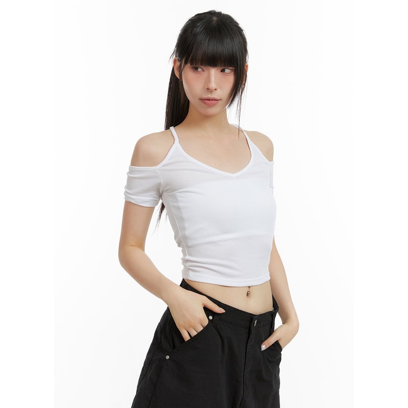Open Shoulder Crop Top CL422 Black S/M
