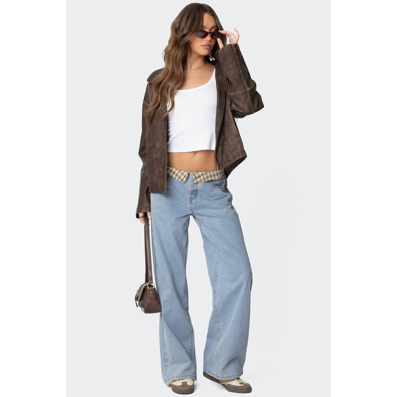 Peekaboo Plaid Low Rise Jeans LIGHT BLUE XS