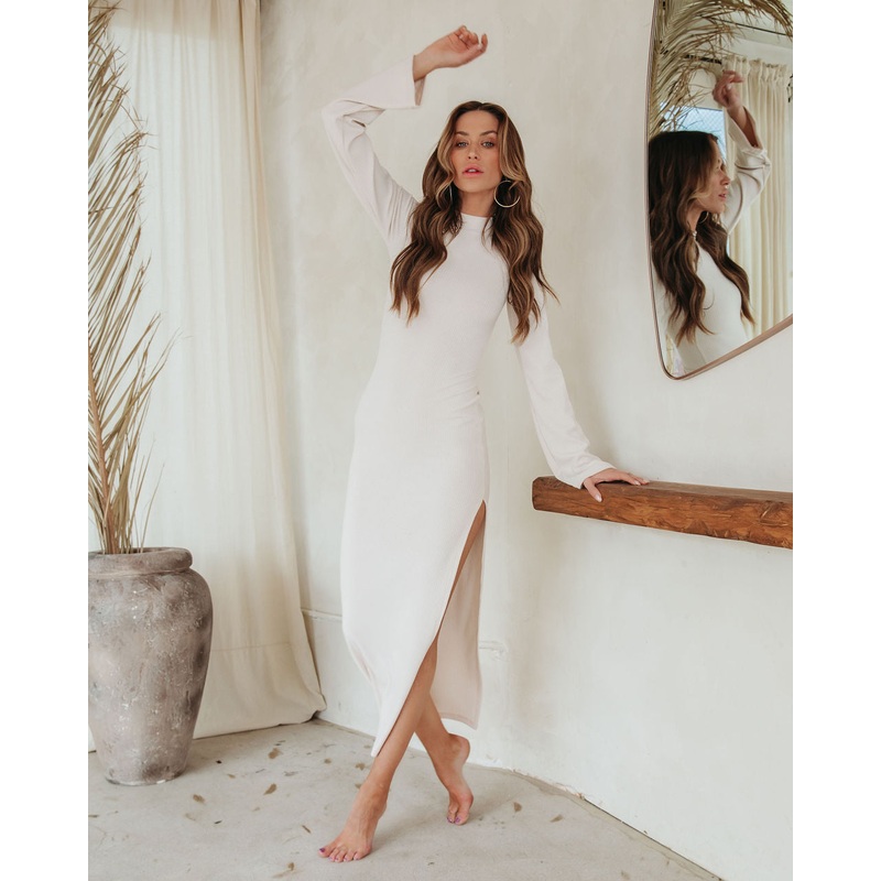 Simpson Ribbed Side Slit Maxi Dress Oatmeal XS