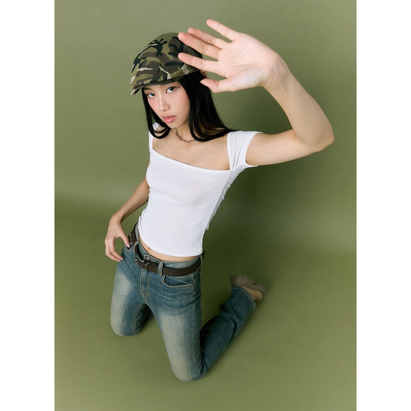 Square Neck Short Sleeve Top IL419 White S/M