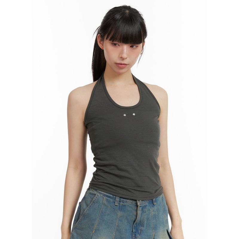 Stud Halter Neck Crop Top CL422 Dark gray S/M