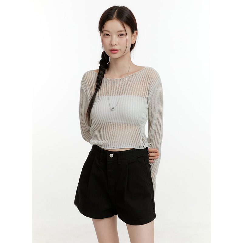 Summer Knit See-through Boat Neck Top OL423 Gray S/M