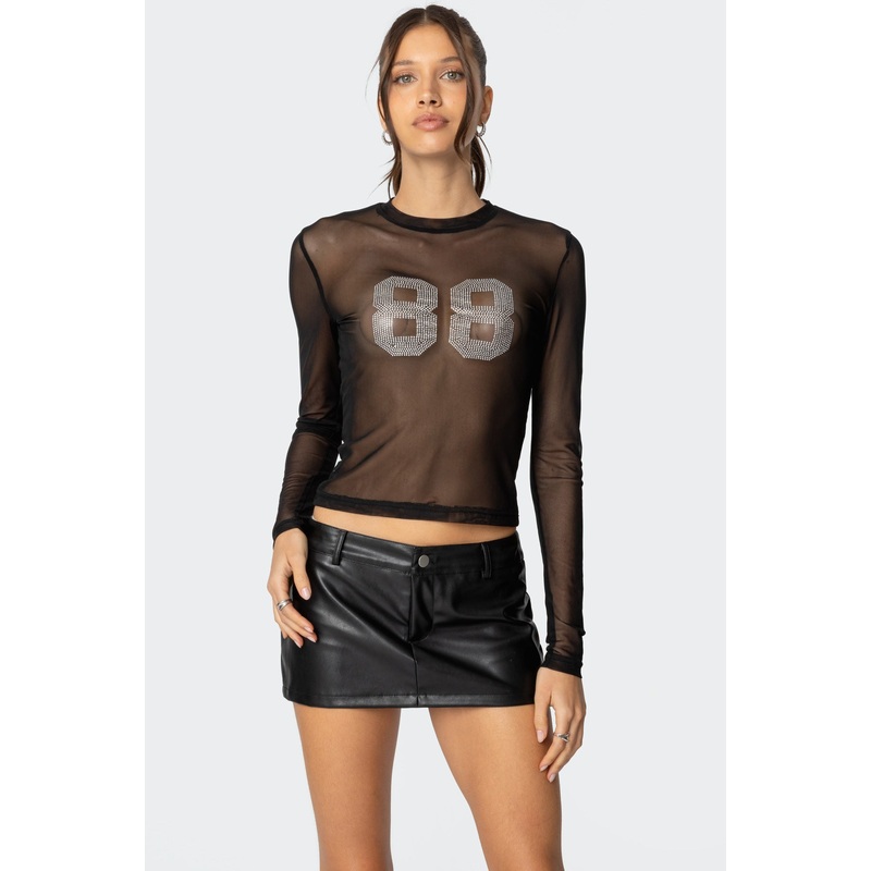 88 Rhinestone Sheer Mesh Top BLACK XS