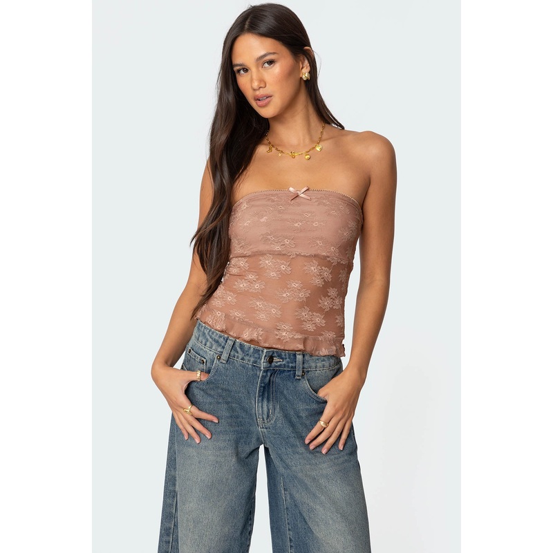 Ballet Sheer Lace Tube Top BROWN XS