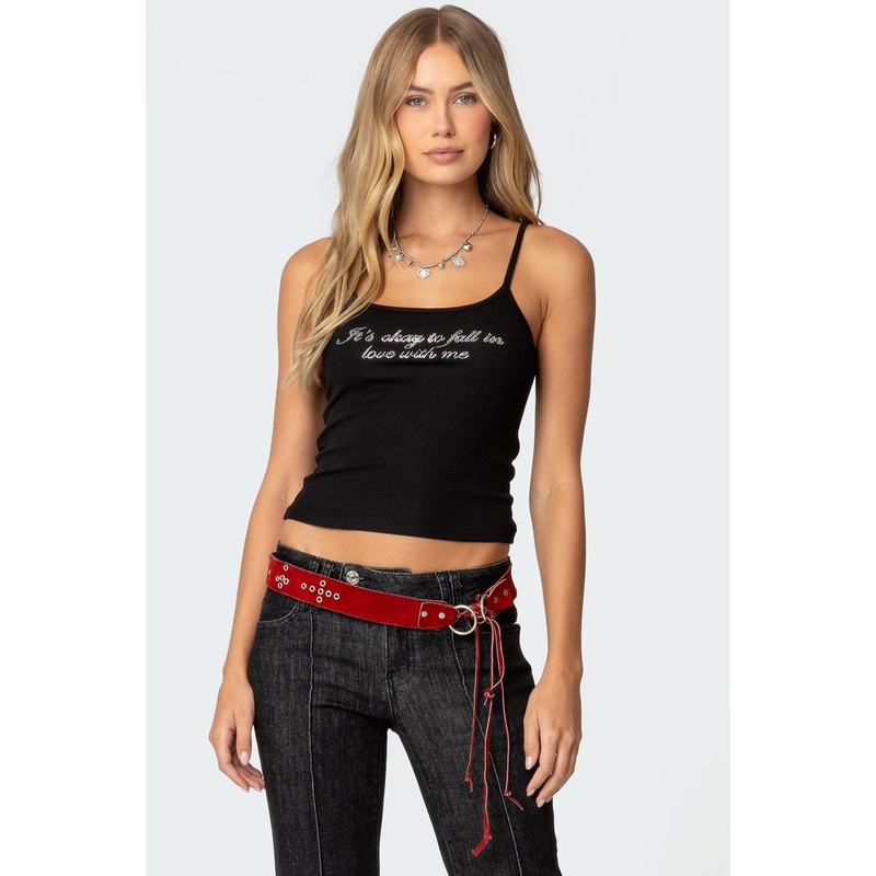 Fall In Love Rhinestone Tank Top BLACK XS