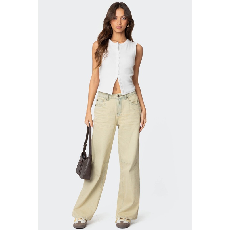 Low Rise Vintage Washed Boyfriend Jeans TAN XS