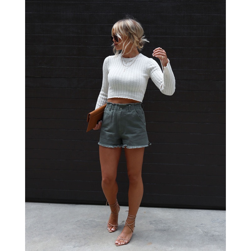 Viall Pocketed Paper Bag Denim Shorts Olive XS