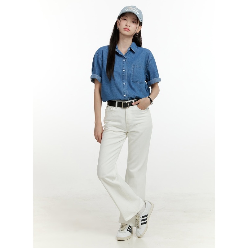 Cotton Solid Straight Leg Pants OL423 White S