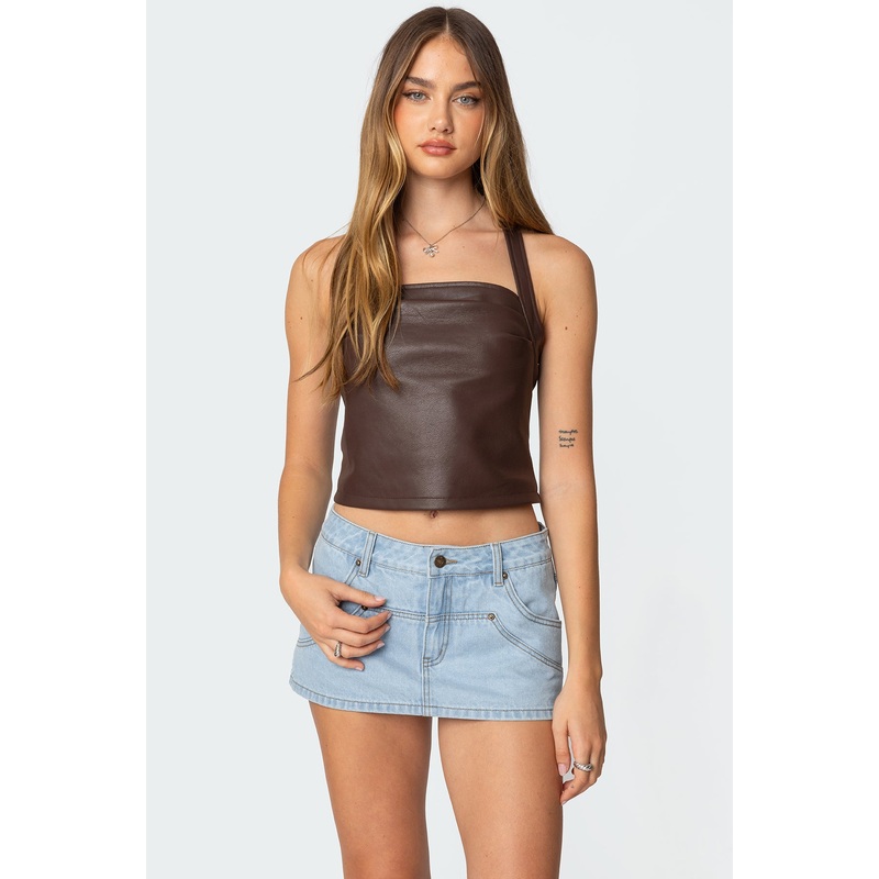 Draped Faux Leather Halter Top BROWN XS