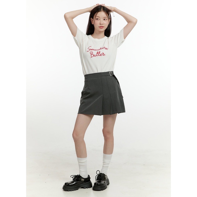 Half Pleated Belted Mini Skirt OL423 Dark gray S