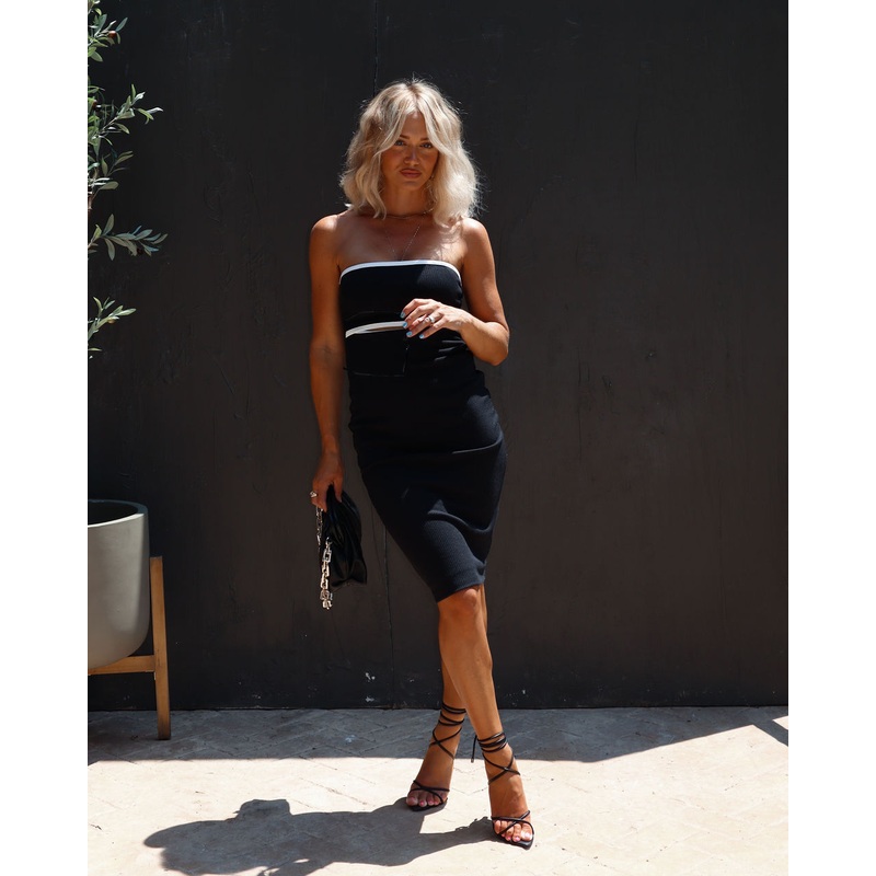 Modern Day Jackie Ribbed Cutout Strapless Midi Dress Black XS