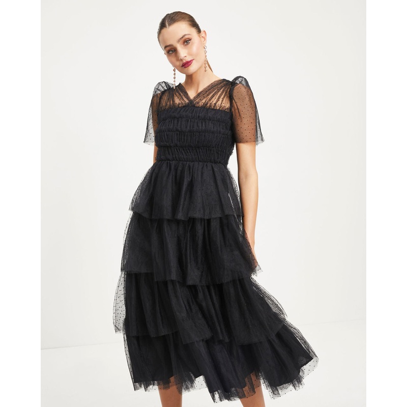 Night At The Opera Tulle Tiered Polka Dot Maxi Dress Black XS