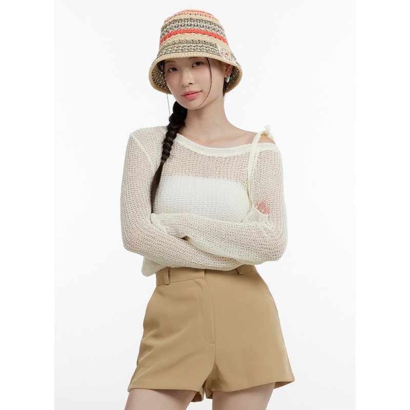 One-Shoulder Strap Mesh Knit Top OL423 Light beige S/M