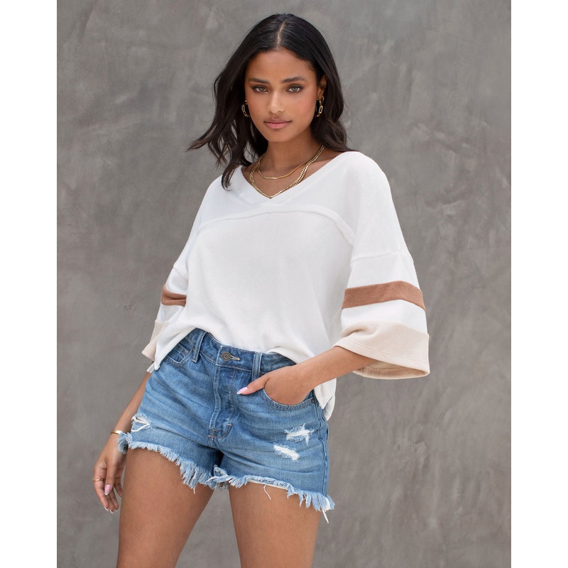 Rayne Cotton Blend Terry Cloth Stripe Sleeve Top White S