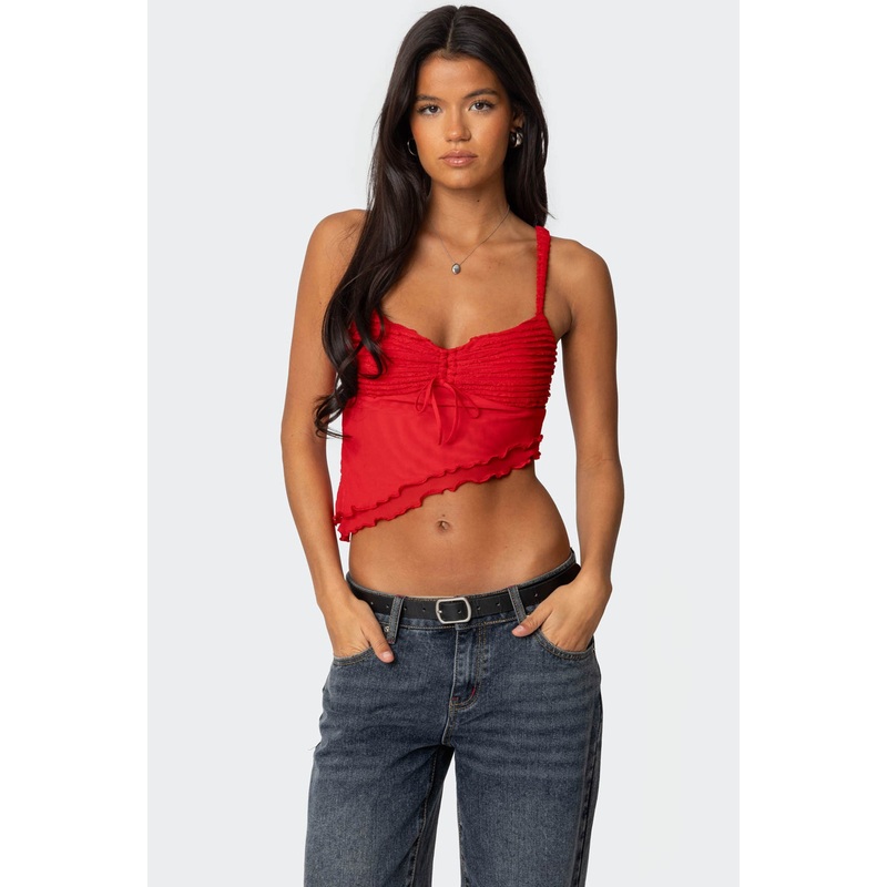 Ruffled Asymmetric Tank Top RED XS